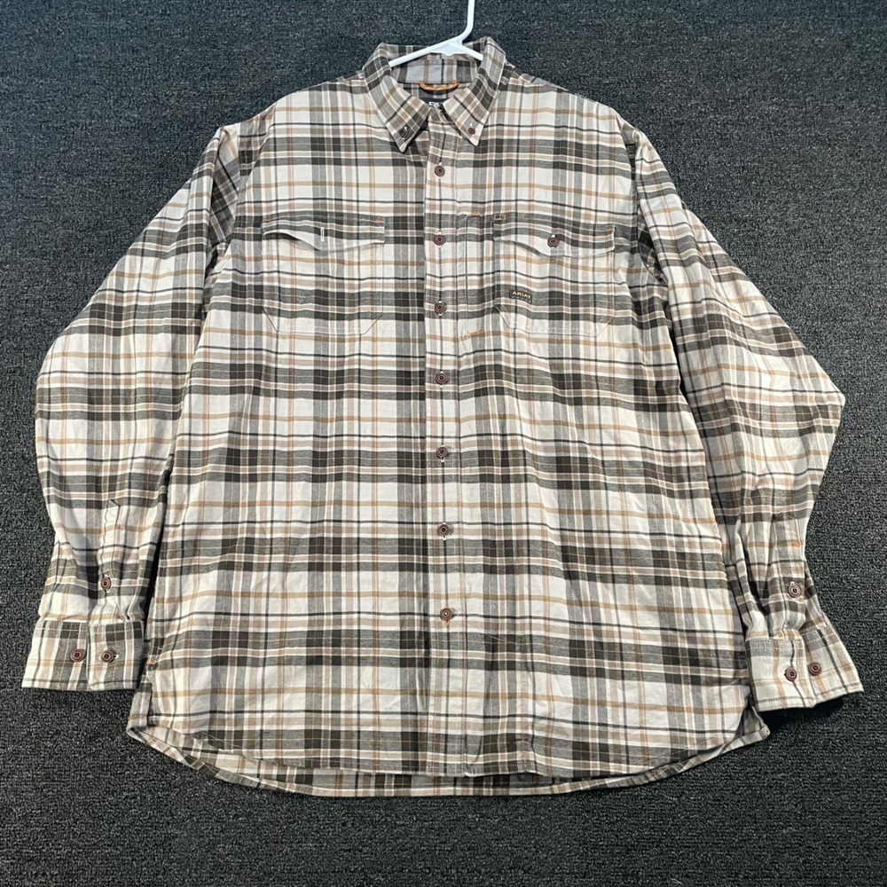 Ariat Rebar Work Shirt Mens L-Tall Brown Plaid Excellent Stretch Button Down